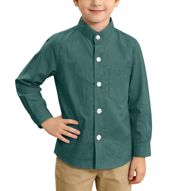 Odeerbi Camisa de Vestido de Niños Manga Larga Mandarin Collar Uniforme de La Escuela Con Bolsillo