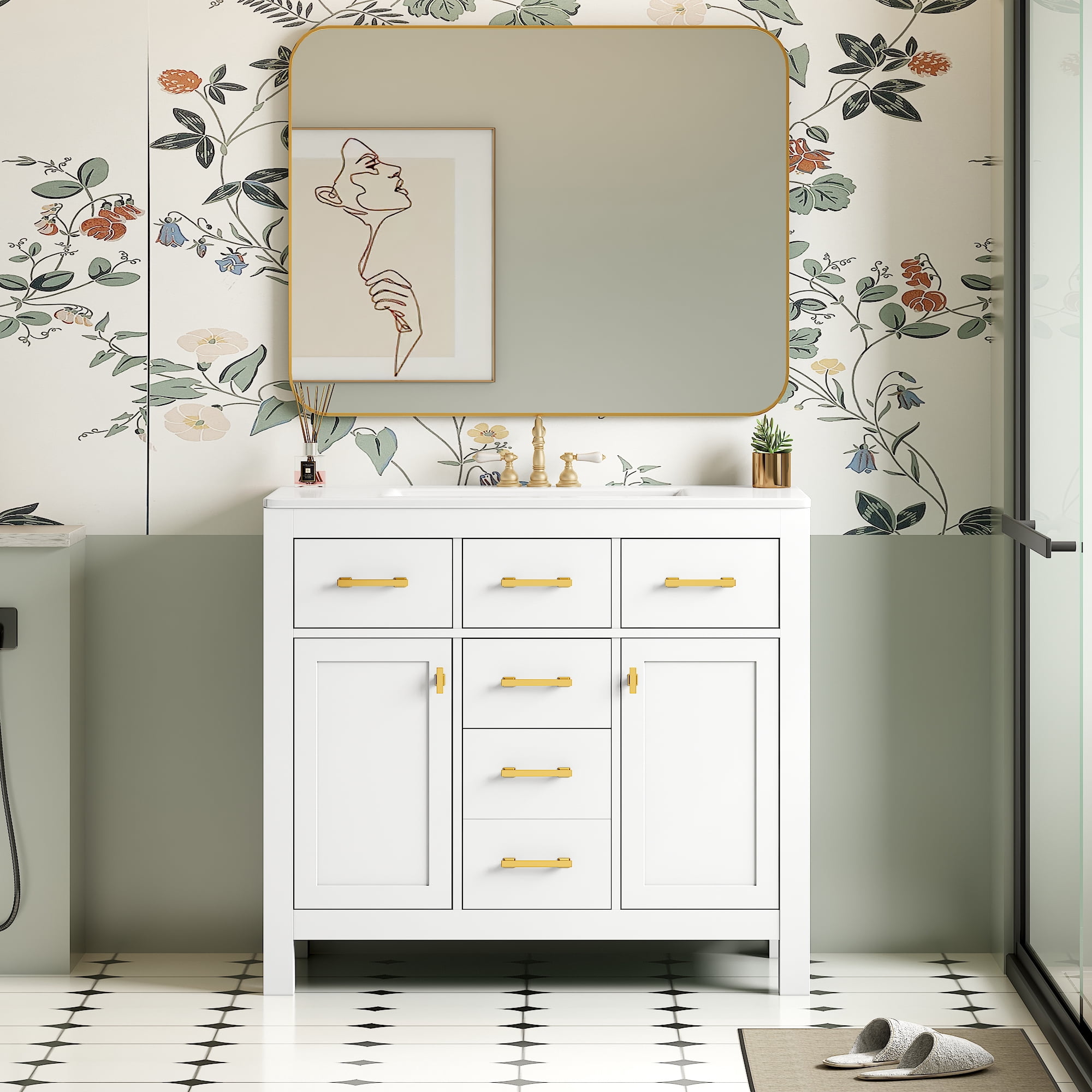 Euroco 36-Inch Solid Wood Bathroom Vanity with Ceramic Sink and Storage Cabinets