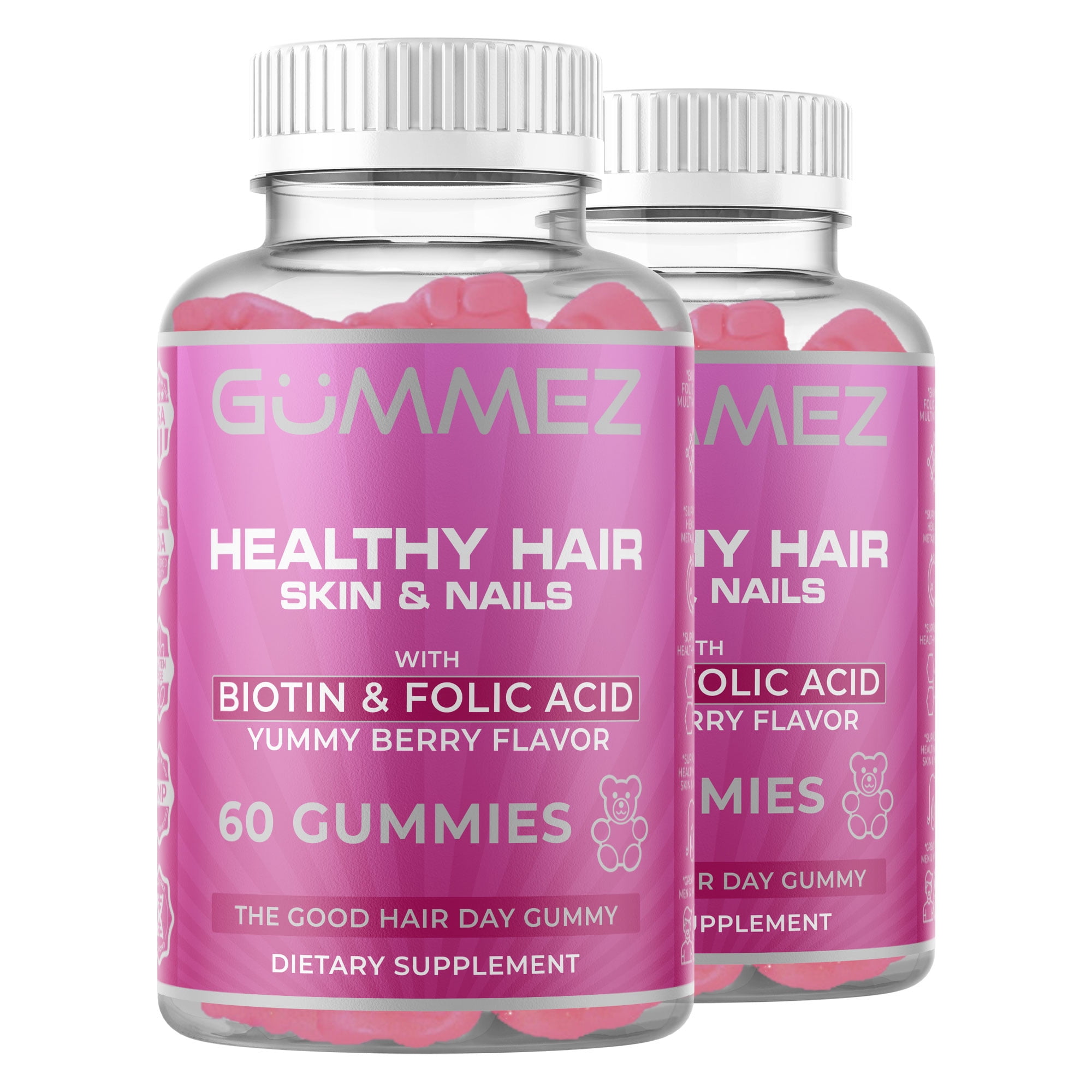 Hair Gummies - Healthy Hair Skin & Nails Multi-Vitamin Bear Gummies - with  Biotin, Folic Acid, Vitamins A, B12, & D - Supports Optimal Growth,  Fullness & Strength by Gummez 