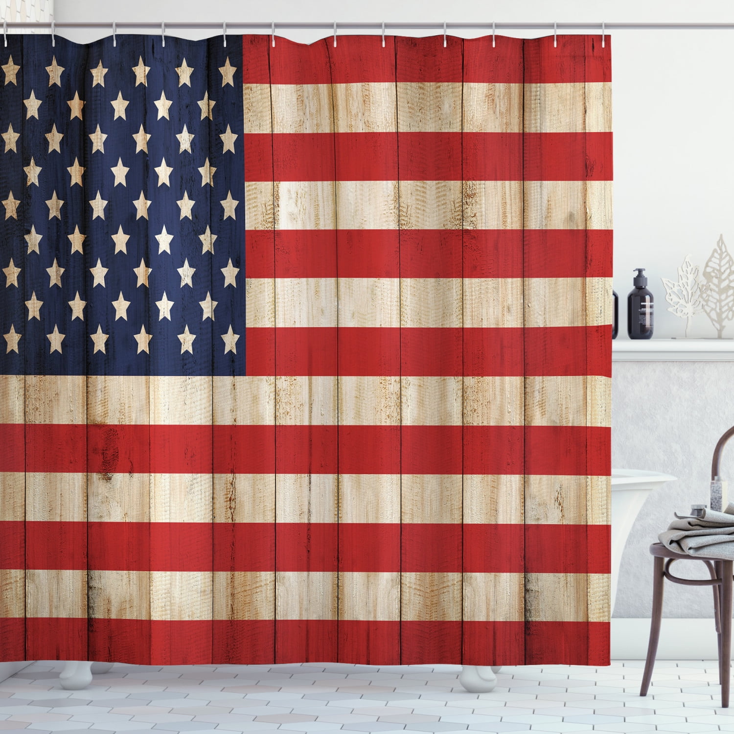 US Flag Patriotic Lawn Fabric Shower Curtain Set Waterproof Bathroom Accessories 