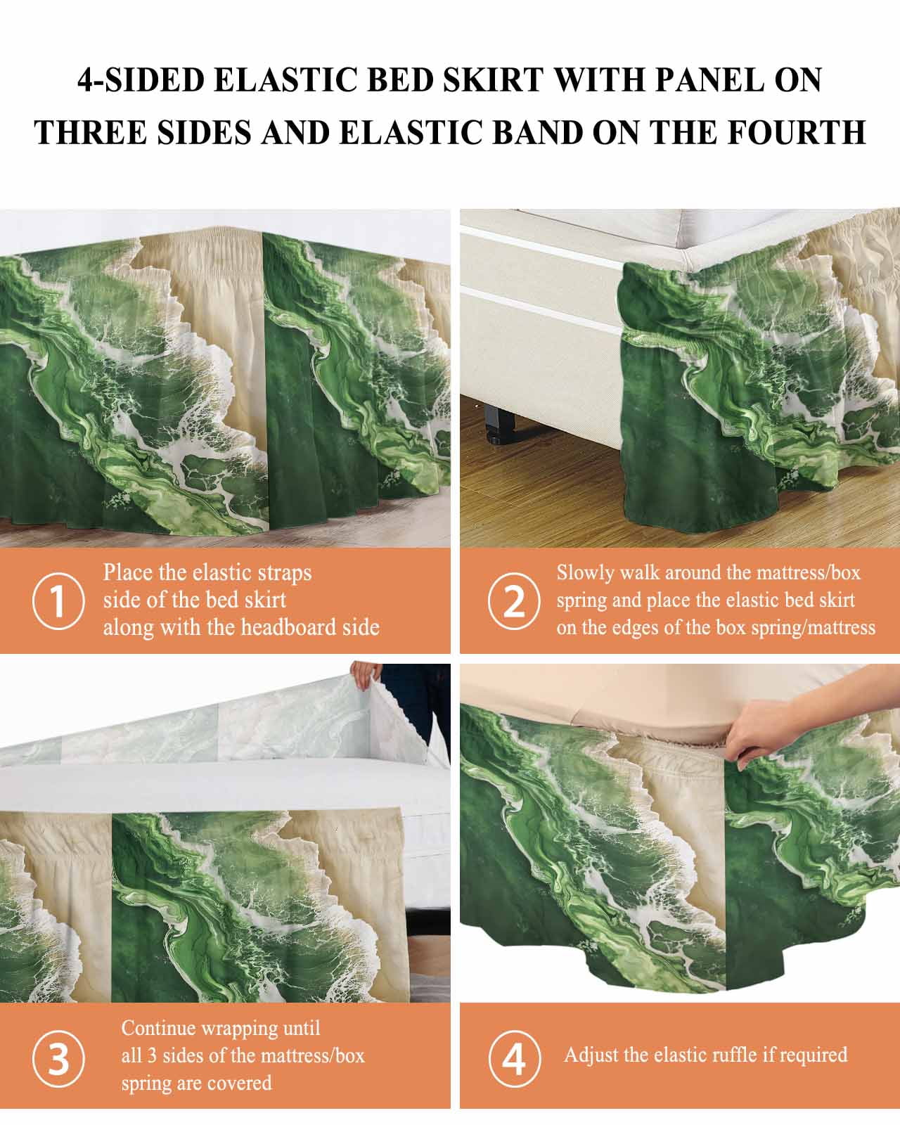 Dark Green Bed Skirt Queen Size 18" Drop Beige Gradient Ocean Wave Abstract Beach Coastal Ruffled Wrap Around Bed Skirts Adjustable Elastic Bedskirt Dust Ruffle for Queen Size Bed
