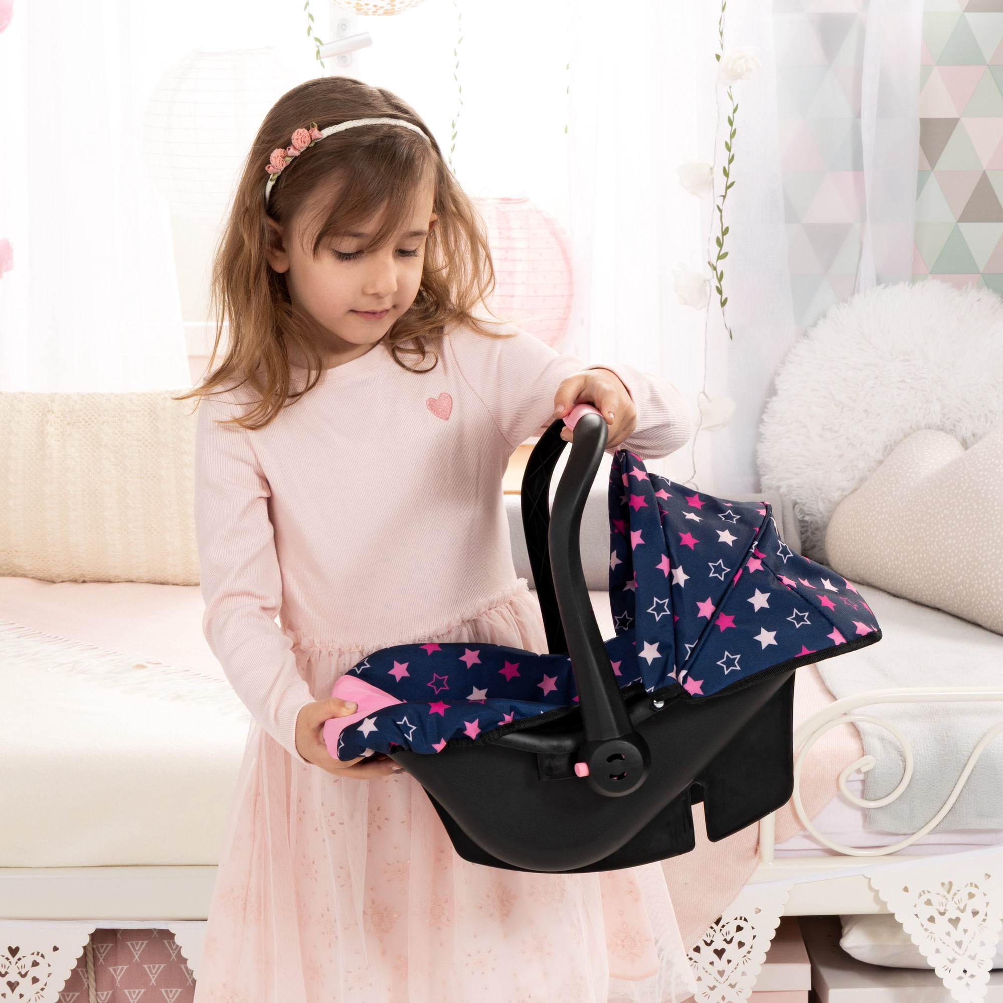 Bayer Design: Doll Deluxe Car Seat - Navy-Pink-Star - Portable Travel Carrier For Dolls Up To 18", Sunshade & Carry Handle, Use As Rocker, Kids 3+