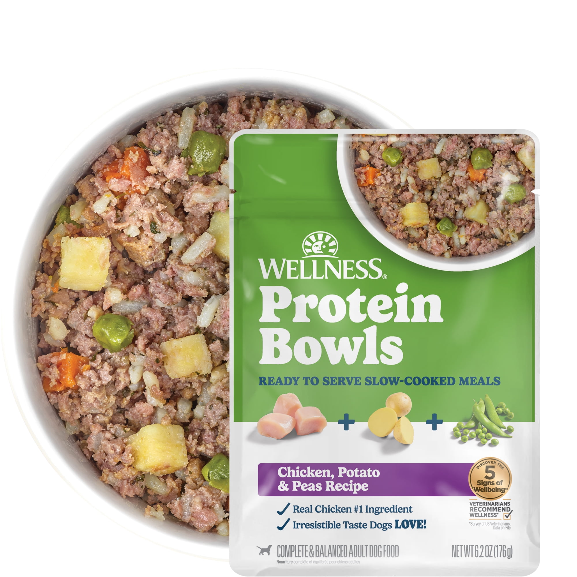 Wellness Protein Bowls, Adult Fresh Alternative Dog Food, Wholesome Grains, 6.2 Ounce Pouch, 6 Pack, (Chicken, Potato & Peas Recipe)
