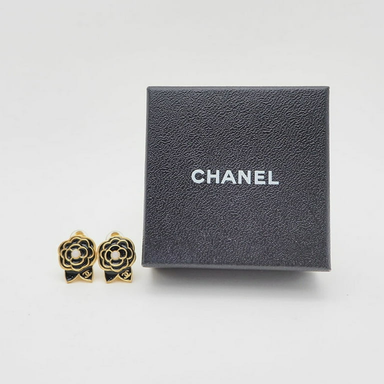 Pre-Owned CHANEL Chanel Camellia Earrings 02A Black x Gold Flower Motif  (Like New) 
