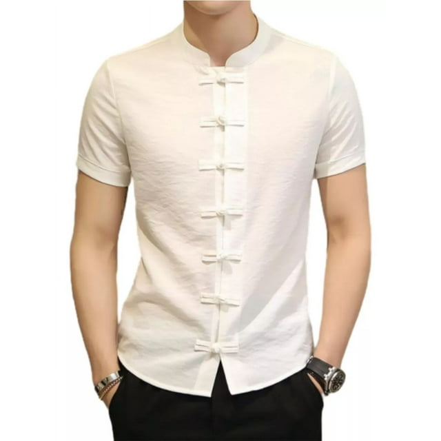 Camisa Hombre Cuello Mao Color Sólido Manga Corta -bruce Lee