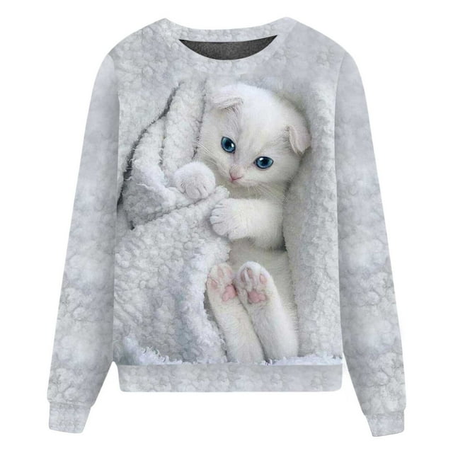 Chandail en Molleton Décontracté à Manches Longues et Col Rond pour Femmes avec Imprimé Animal Chat Mignon, Chandail Sans Capuche pour le Confort