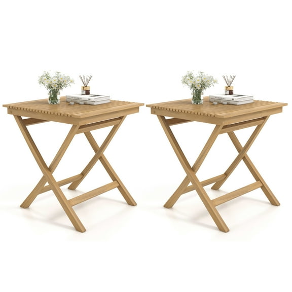 Gymax Set of 2 patio bistro table teak wood dining table outdoor square table