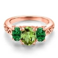thumbnail image 3 of Gem Stone King 18K Rose Gold Plated Silver Green Peridot and Green Created Emerald Filigree Style 3 Stone Ring for Women (2.12 Cttw, Oval 8X6MM and 6X4MM) (Size 6), 3 of 6