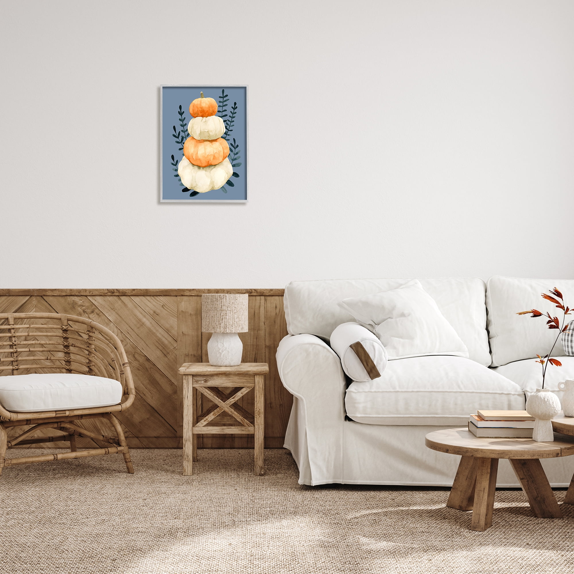 Stacked Fall Pumpkins Botanical Leaves Blue Background Botanical & Floral Painting Framed Art Print Wall Art