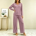 thumbnail image 4 of Women's V-Neck Loungewear Two Piece Set Loose Long Sleeve Top and Straight Leg Full Length Pants Soft Breathable Casual Pajama Set Purple, 4 of 7