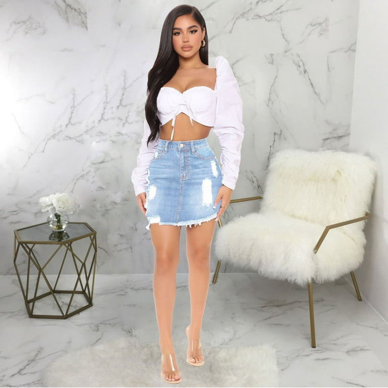 XIUH Women Solid Color Destroyed Denim Mini Skirt High Waist