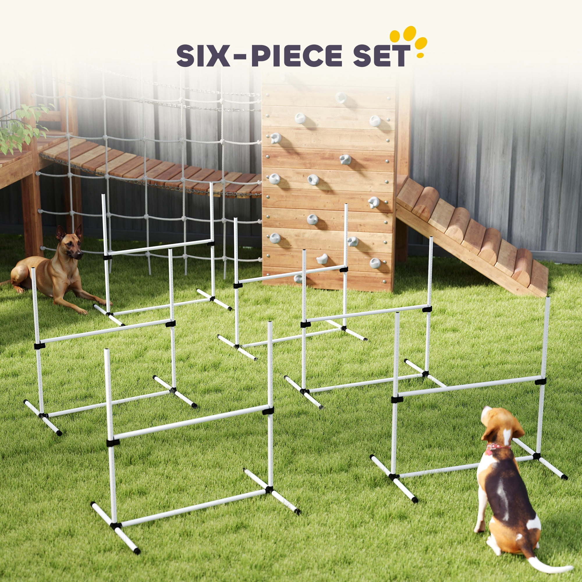 6 Piece Dog Agility Training Equipment for Dog Agility Course with Adjustable Height Jump Bars, Included Carry Bag, & Displacing Top Bar, White