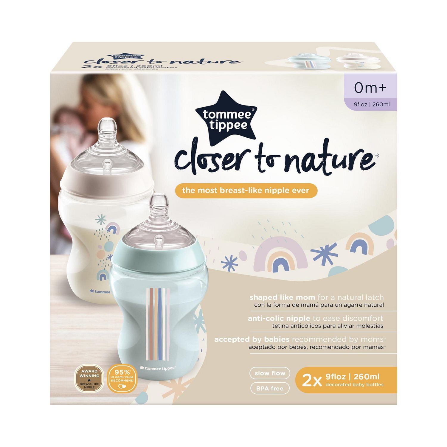 Tommee Tippee Closer to Nature Baby Bottles, Breast-Like Nipples with Anti-Colic Valve, 9oz, 2 Count, 9 Fl Ounces