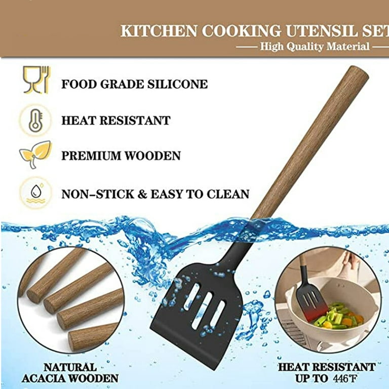Premium 8-Piece Wooden Handle Silicone Kitchen Utensil Set | Non-Stick  Silicone Cooking Utensils