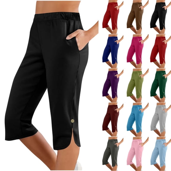 Oksale Capri Pants for Women Loose Elastic Waist Capris Casual Cozy Cropped Trousers with Pockets Side Slit Vacation Clothing Black S
