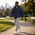 thumbnail image 5 of Men's Basic Baggy Hoodie, Long Sleeve Drawstring Hooded Sweatshirt, Fall Solid Color Casual Loose Fit Pullover with Pocket Navy L, 5 of 6