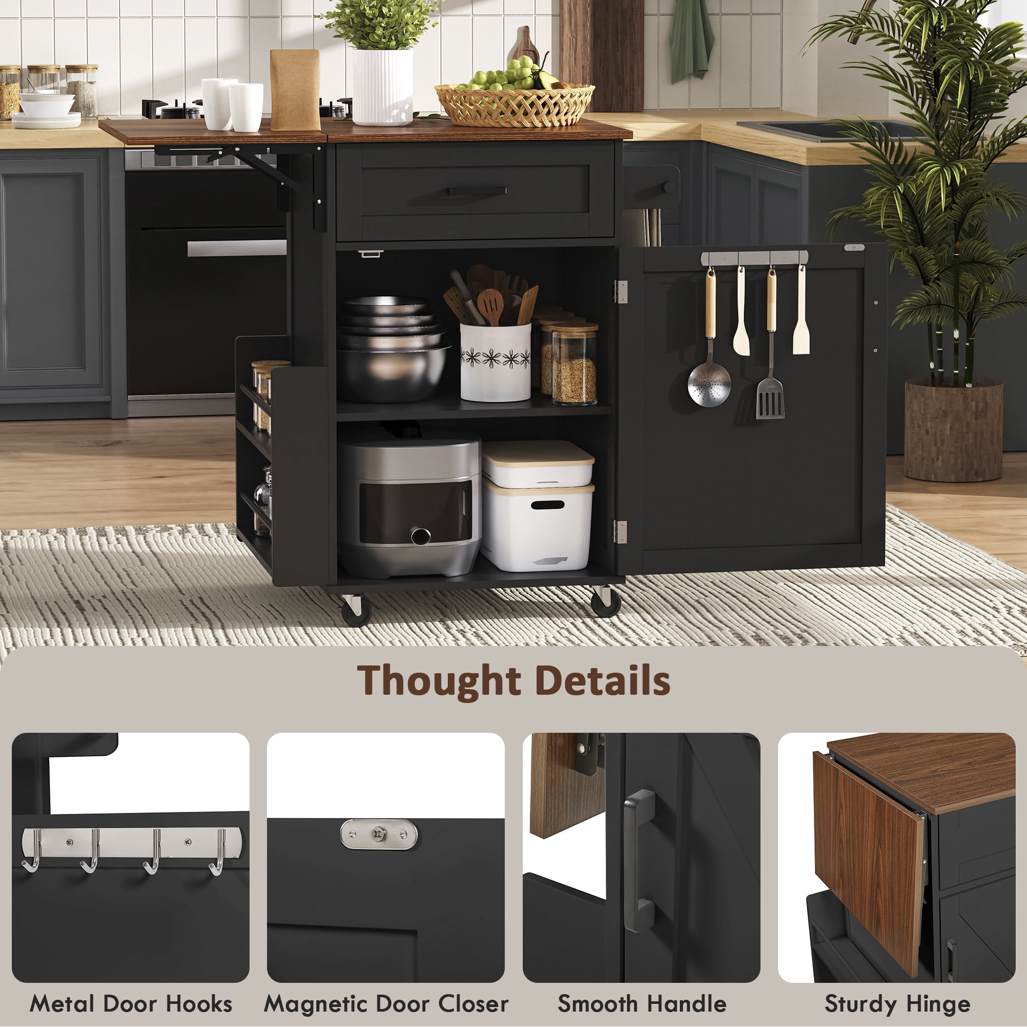Alvantor Farmhouse Kitchen Island with Drop Leaf, 39.3" W Rolling Kitchen Cart with Side Rack for Dining Room Black