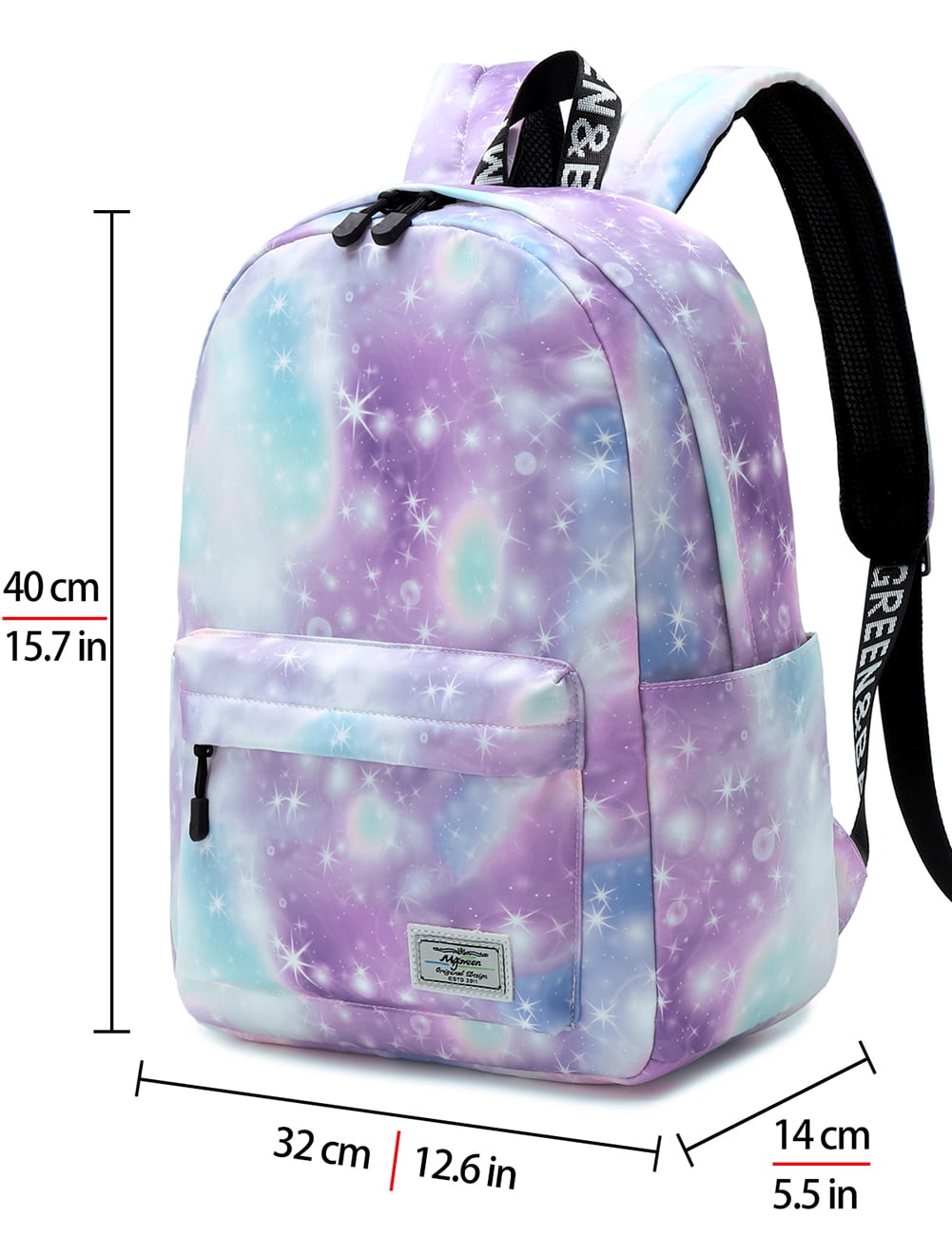 Mygreen Galaxy Backpack for Girls, Boys, Kids, Teens, 14 inch Durable Book Bags for Elementary, Middle, Junior High School Students, A Gift That Gives Back Green Purple