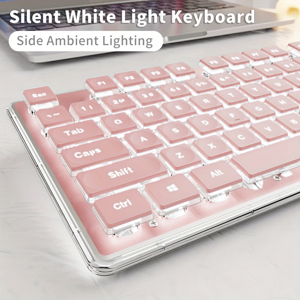 A stylish keyboard with an all-metal panel, 104-key wired connection, comfortable keycaps, silent buttons, and white backlighting. Suitable for gaming and office work, compatible with Windows laptops