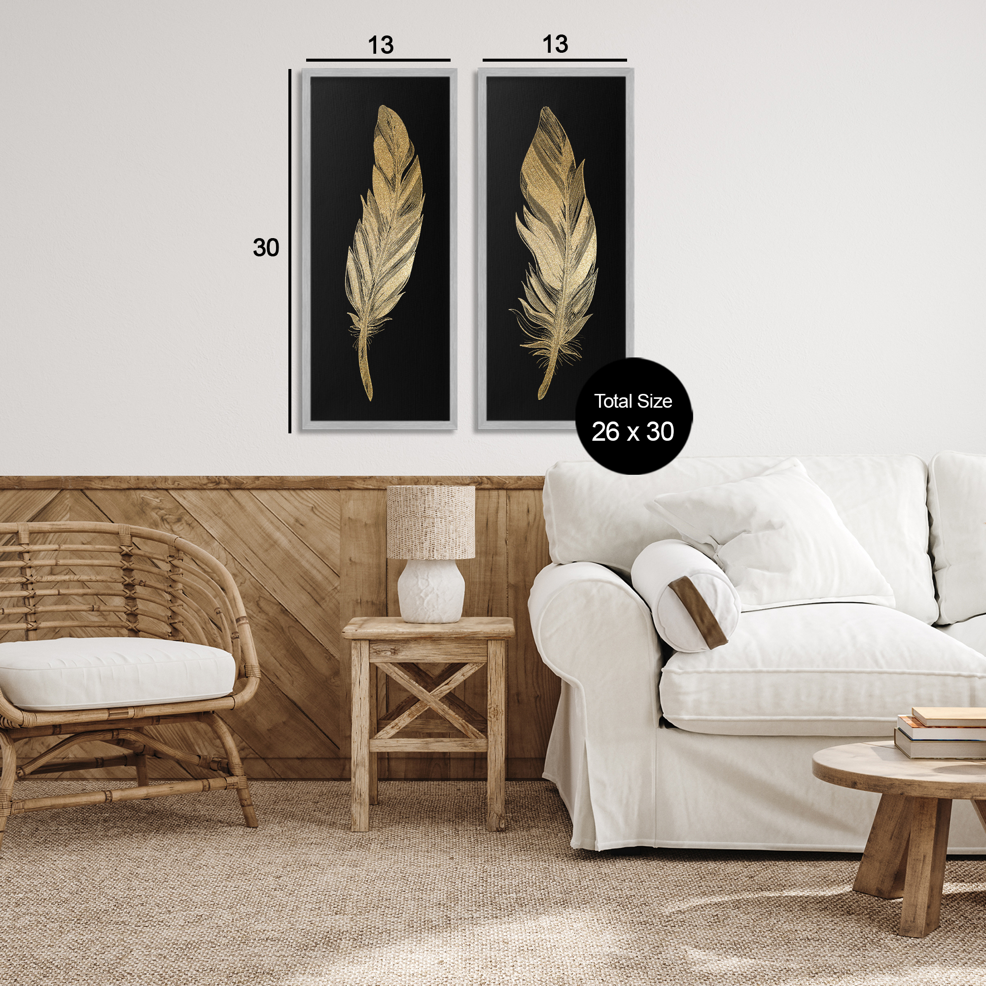 Glam Detailed Feather 2 Piece Gray Framed Giclee Art Set, design by Kim Allen