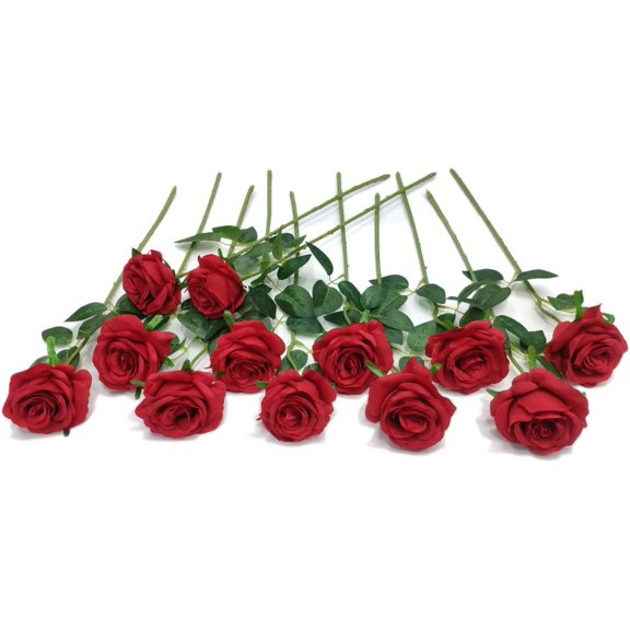 Zukuco 12Pcs Red Rose Artificial Flower, Realistic Single Stem Fake Silk Rose Bouquet for Wedding Party Home Centerpiece Hotel Office Decor