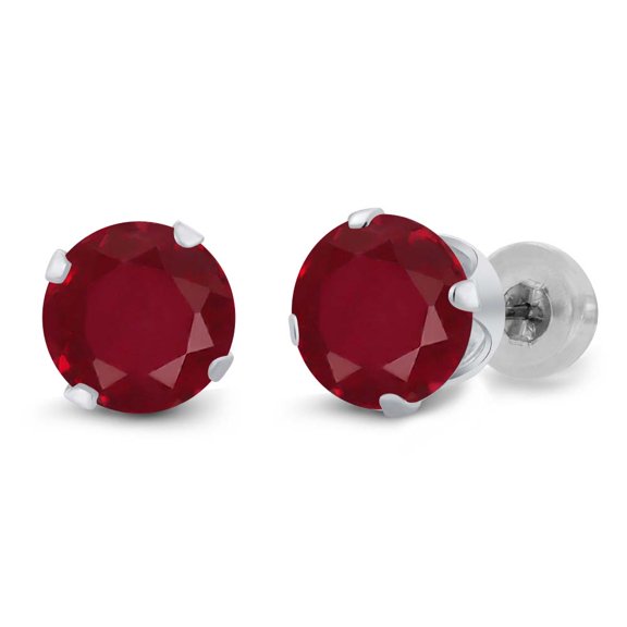 Gem Stone King 2.00 Ct Round Red Ruby 14K White Gold Stud Earrings for Women Men