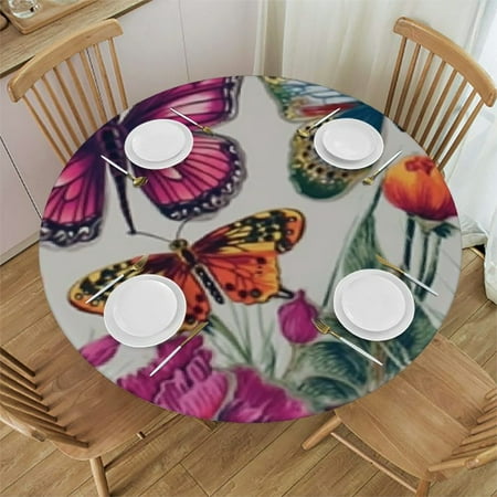 

Embroidery Peony Flower Round Tablecloth with Elastic Fitted Table Cover