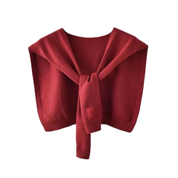 Women Cute Tie Knot Ribbed Knit Shawl Wrap Shoulder Top Casual Solid Color Sleeveless Knitted Poncho Cape OOTD Red
