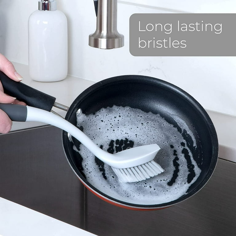 Sugarday Soap Dispensing Dish Brush Set Kitchen Scrub Brush with Stand 3 Brush Replacement Heads, Gray
