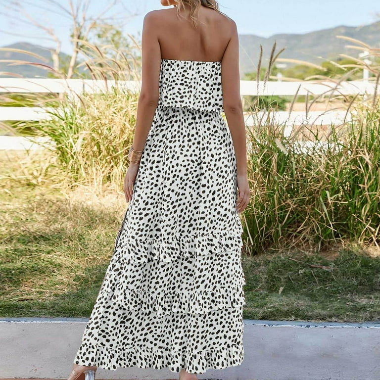 Bandeau Beach Maxi Dress for Women Strapless Summer Bohemian Long Dresses Ruffle Party Evening Wedding Guest Outfits Floral Print Boho Sexy Sundress Casual Elegant Hawaiian Dress Walmart