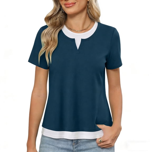 Levmjia Women's Mock Two Piece T-Shirt, Short Sleeve Round Neck Layered Top, Casual Loose Fit Tee, Everyday Basic Shirt, Soft Stretchy Fabric