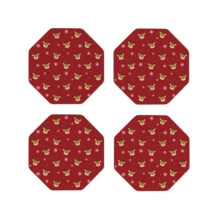 

Matuu Reindeer Faces Festive Red for Cup Coasters Set of 4 Leather Coasters Desk Coasters for Office Measures 4” x 4”-Octagon