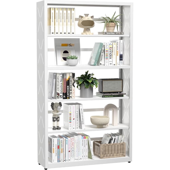 5 Tier Bookshelf, 55"Tall Metal Bookcase with Adjustable Shelves, Modern Display Book Shelf, White Bookcase Shelf, Utility Shelf, Storage Shelves for Office, Living Room, Kitchen, Study-31"W