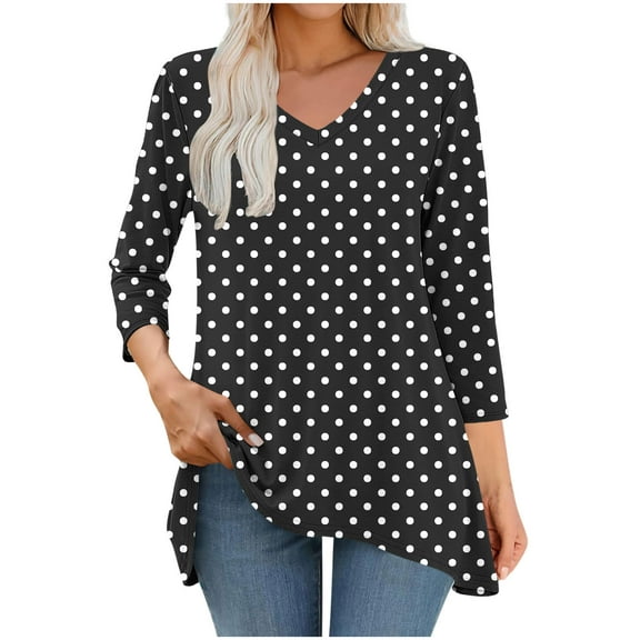 Zedker Casual 3/4 Sleeves Womens Blouses Classic Trendy Printed Womens Tops Comfy Loose V-Neck Womens Blouses,Black,L