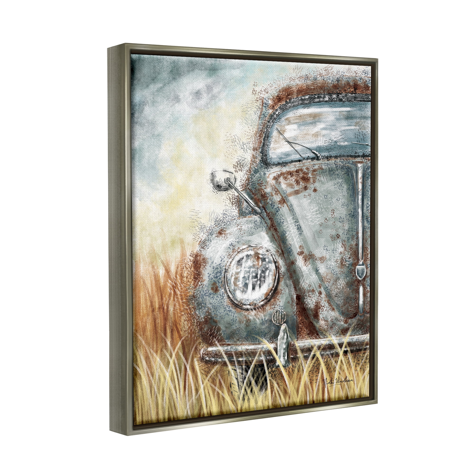 Stupell Industries Vintage Car Country Field Transportation Painting Gray Floater Framed Art Print Wall Art, 25 x 31