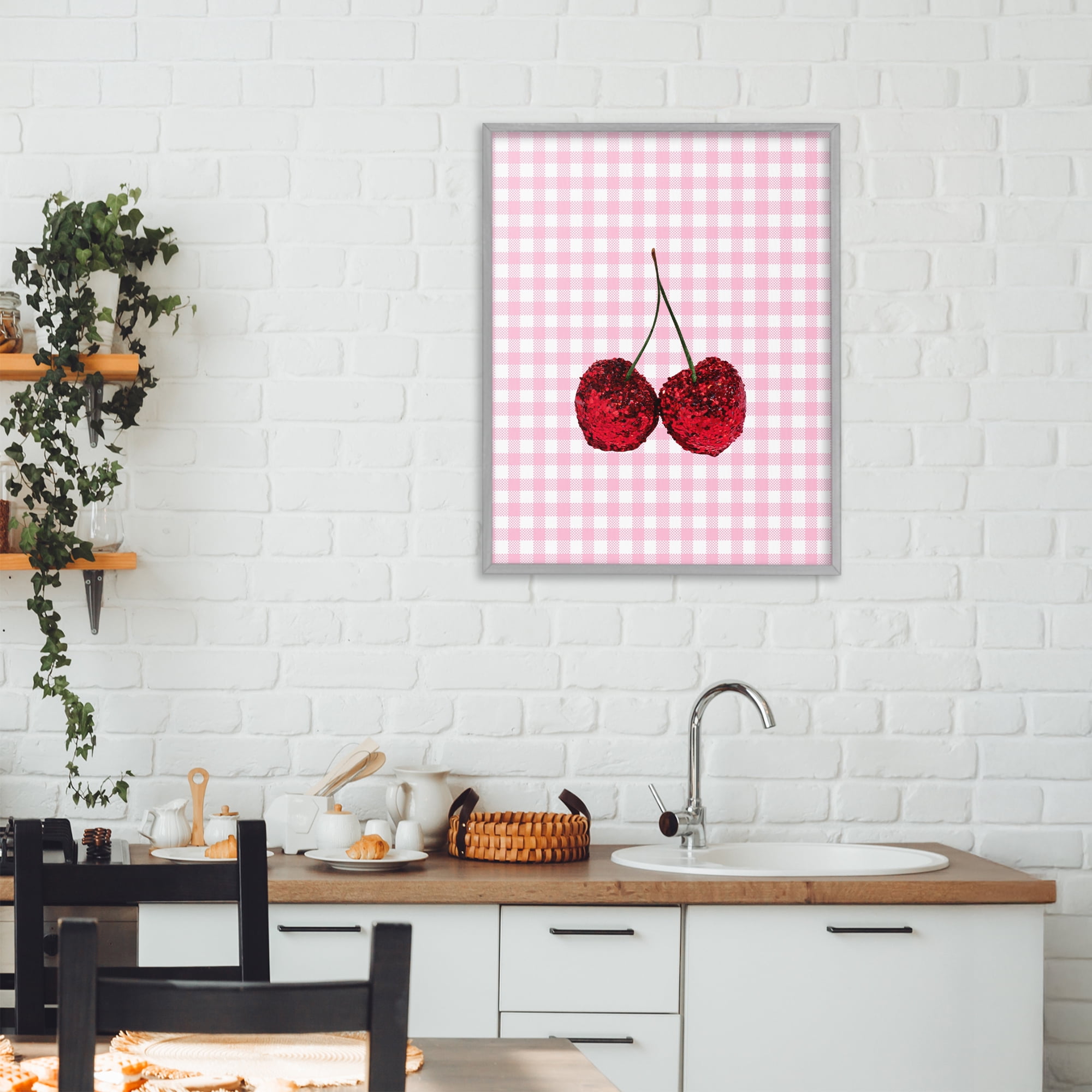 Stupell Industries Glitter Cherry on Pink Gingham Gray Framed Giclee Art, design by LISH Creative