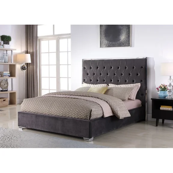 Velvet Upholstered California King Size Platform Bed Frame, Tufted Headboard Chrome Finish Accent Bedroom Furniture, Dark Gray