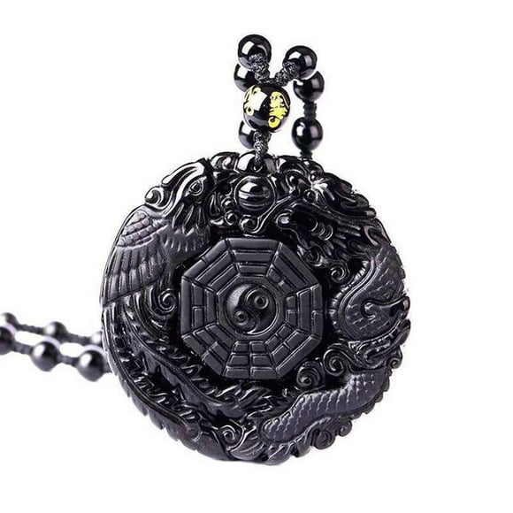 Lucky Obsidian Carving Pendant Yin Yang Dragon and Phoenix Necklace Black X2W3