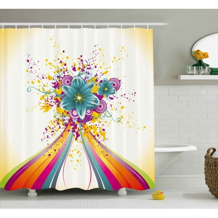 Bold Curtain Fabric Modern Decor Shower Curtain, Rainbow Colored Image with Bold Lines and Flowers Buds Blossoms Ivy Artwork, Fabric Bathroom Set with Hooks, 69W X 84L Inches Extra Long, Multicolor, by Ambesonne ()