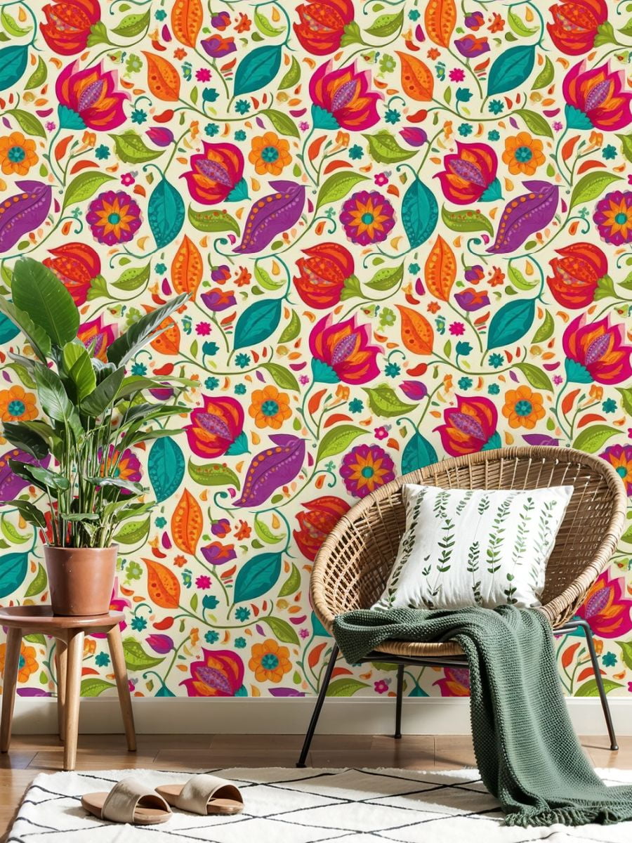 Paisley Peel and Stick Wallpaper 17.7in x 9.8ft Colorful Floral Vibrant Flowers Leaves Cream Contact Paper Vinyl Waterproof Self Adhesive Wall Paper for Bedroom Shelf Cabinet Renter Friendly