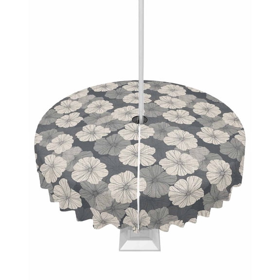 Hokiten Outdoor Tablecloths with Umbrella Hole & Zipper, Gray Flowers Round Tablecloths 60 Inch, Vintage Country Pastoral Botanical Floral Waterproof Table Cloth, Patio/Pool/Picnic Table Covers