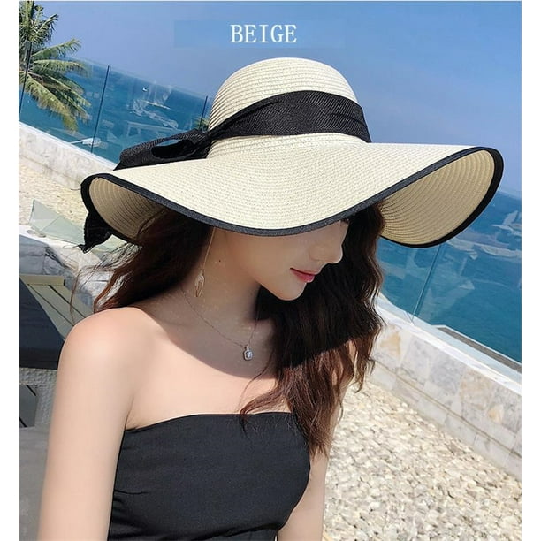 Womens Sun Straw Hat Wide Brim UV UPF 50 Summer Hat Foldable Roll up Floppy  Beach Cap for Women（beige） 