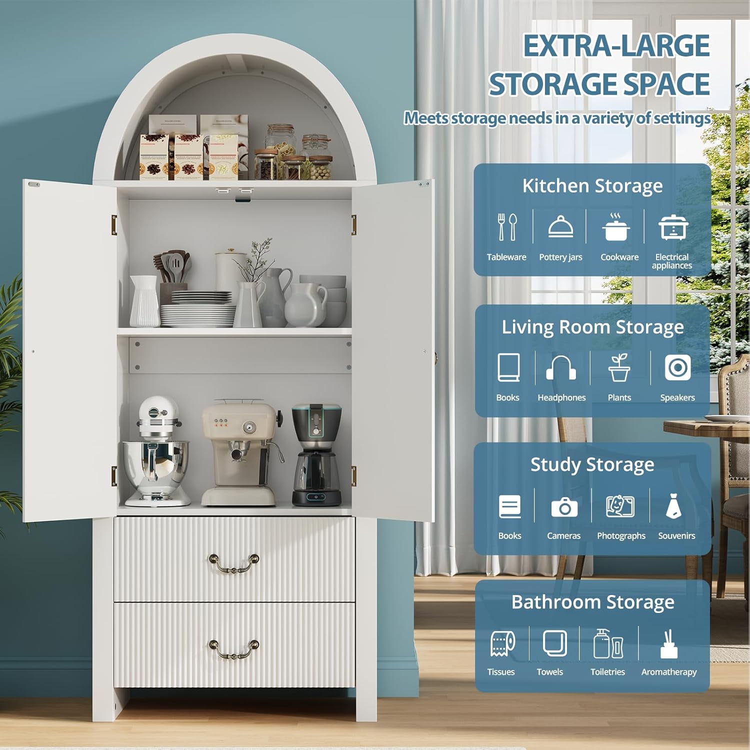 Fluted Arched Pantry Cabinet, 71" Tall Kitchen Storage Pantry Cabinet with Adjustable Shelves and 2 Large Drawers, Freestanding Morden Versatile Cupboard for Living Room, Bathroom, White