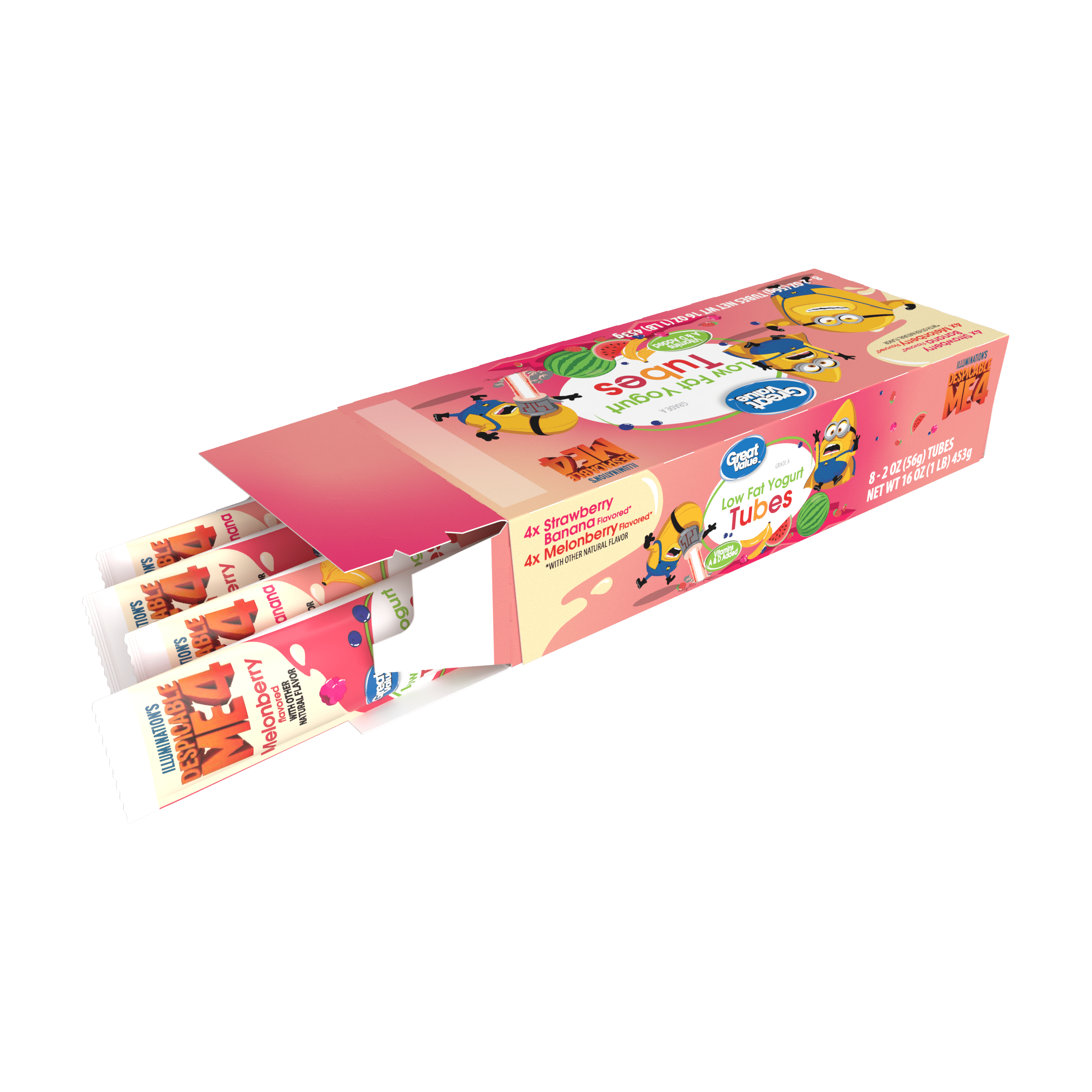 Great Value Kids Low-Fat Melon Berry & Strawberry Banana 2 oz Yogurt Tubes, Variety Pack, 8 Count