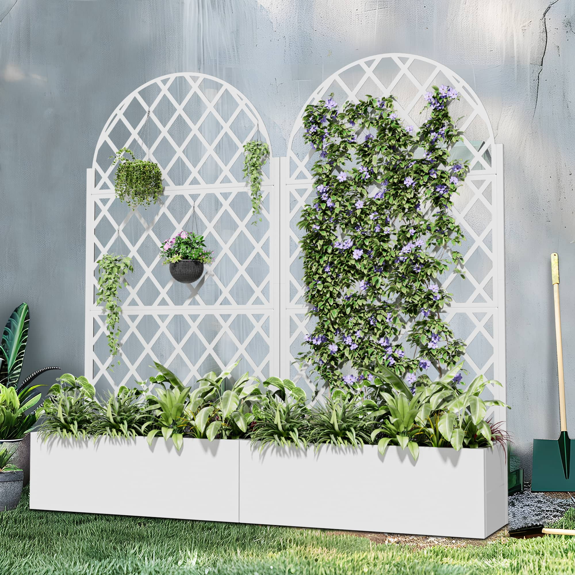 MAYEERTY 71" x 35" Metal Raised Garden Bed with Trellis Planter Box for Climbing Plants, White