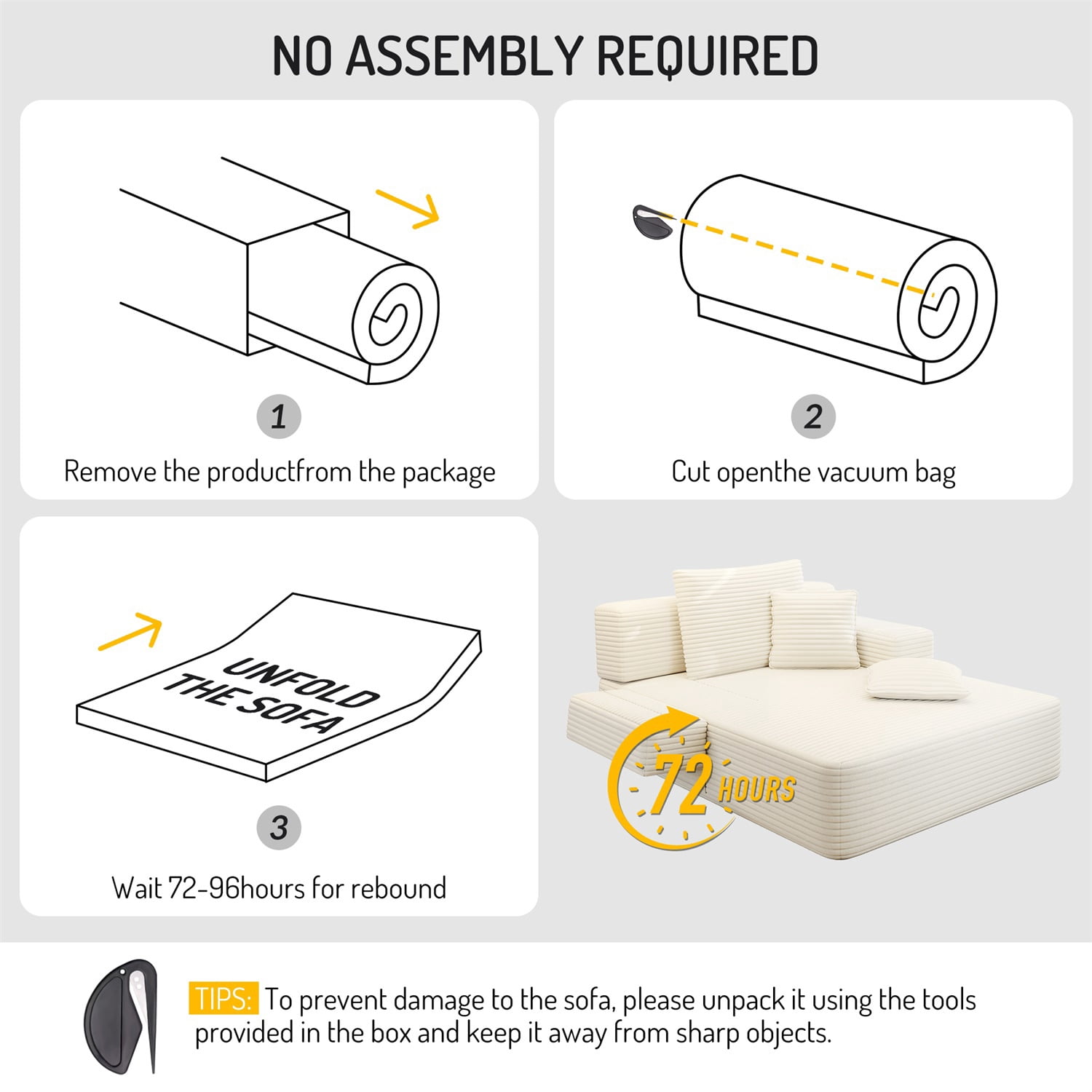 Hommoo Luxurious Plush Corduroy Chaise Lounge with 3 Pillows & Storage Pocket, Convertible Sofa Couch Bed Sleeper with Frameless Design & Compression Foam, Beige