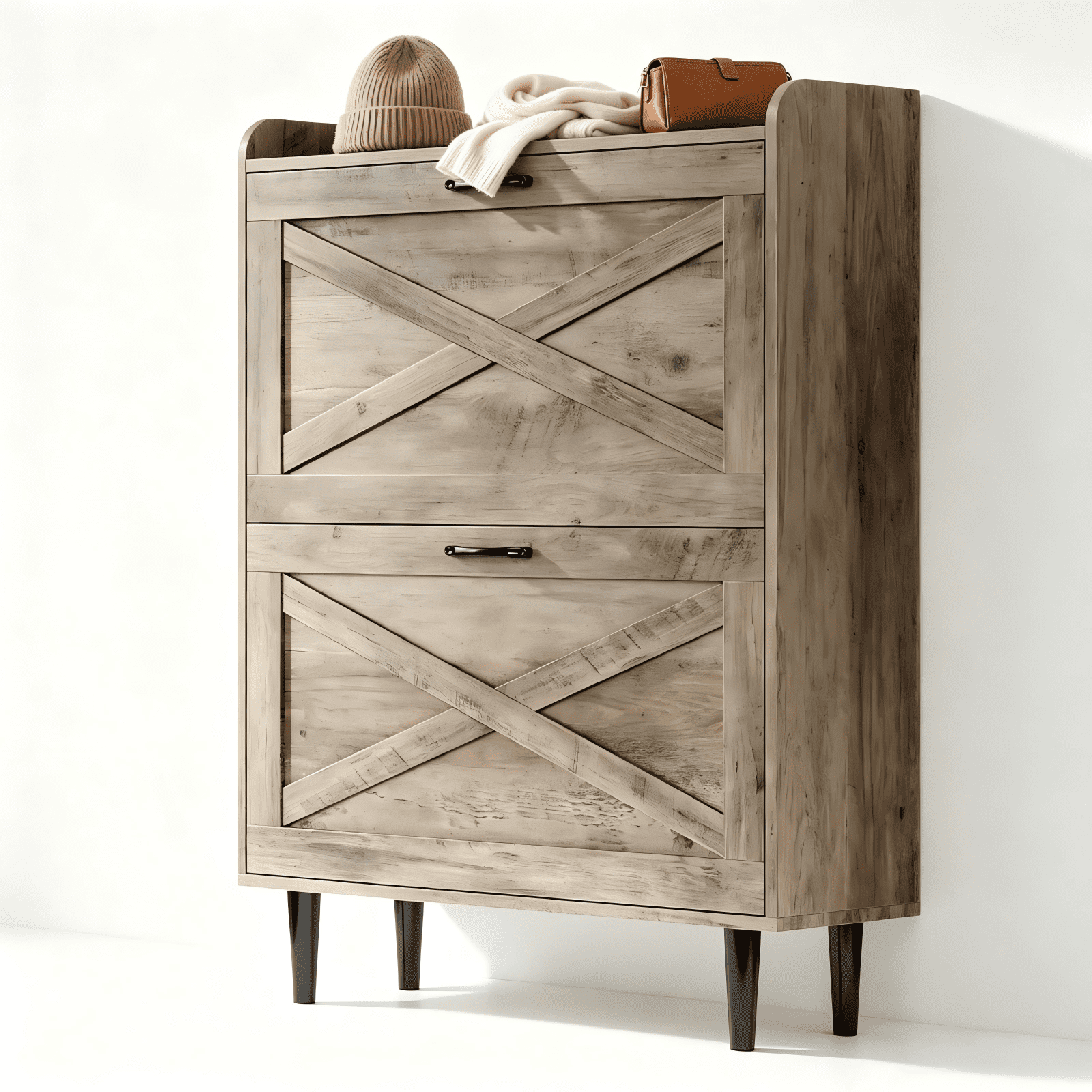 2-Drawer Top-Mounted Barn Door Shoe Cabinet, Embossed MDF, Washed Ash, 31.61 x 9.45 x 39.37 in