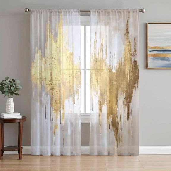 Gold Grey Semi Sheer Window Curtains 72 Inches Long, Abstract Contemporary Square Graffiti Smear Art Rod Pocket Voile Silky Chiffon Curtain Light Filtering Drapes for Living Room, 52"x72", 2 Panels
