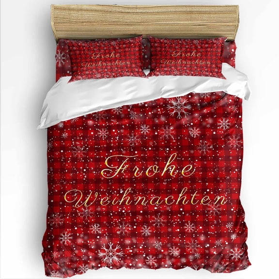Christmas King Size Comforter Set, Winter Red Buffalo Plaid White Snow Frohe Weihnachten Bedding for All Seasons, 4 Pcs Bed Set with 1Comforter (90"x106") ,1 Sheet(94"x116"), 2 Pillowcases (19"x35")