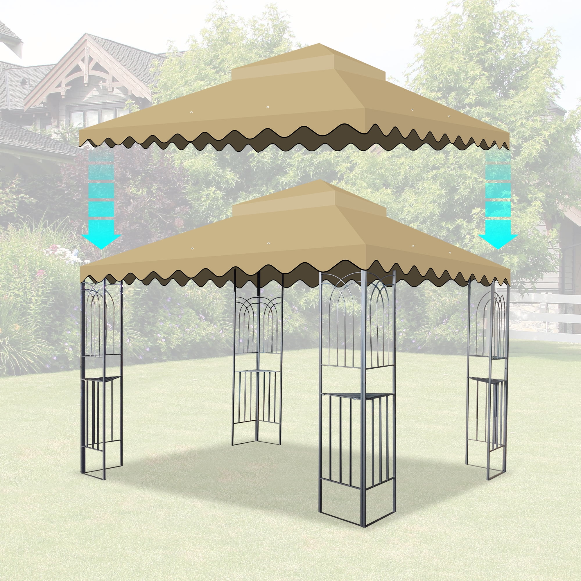 10x10 Ft Outdoor Patio Gazebo Replacement Canopy,Double Tiered Gazebo Tent Roof Top Cover for Outdoor Garden Patio Pavilion Sunshade,Tan